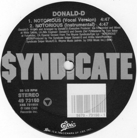 Donald D- Notorious, Second Hand 12 Inch Single Vinyl Record